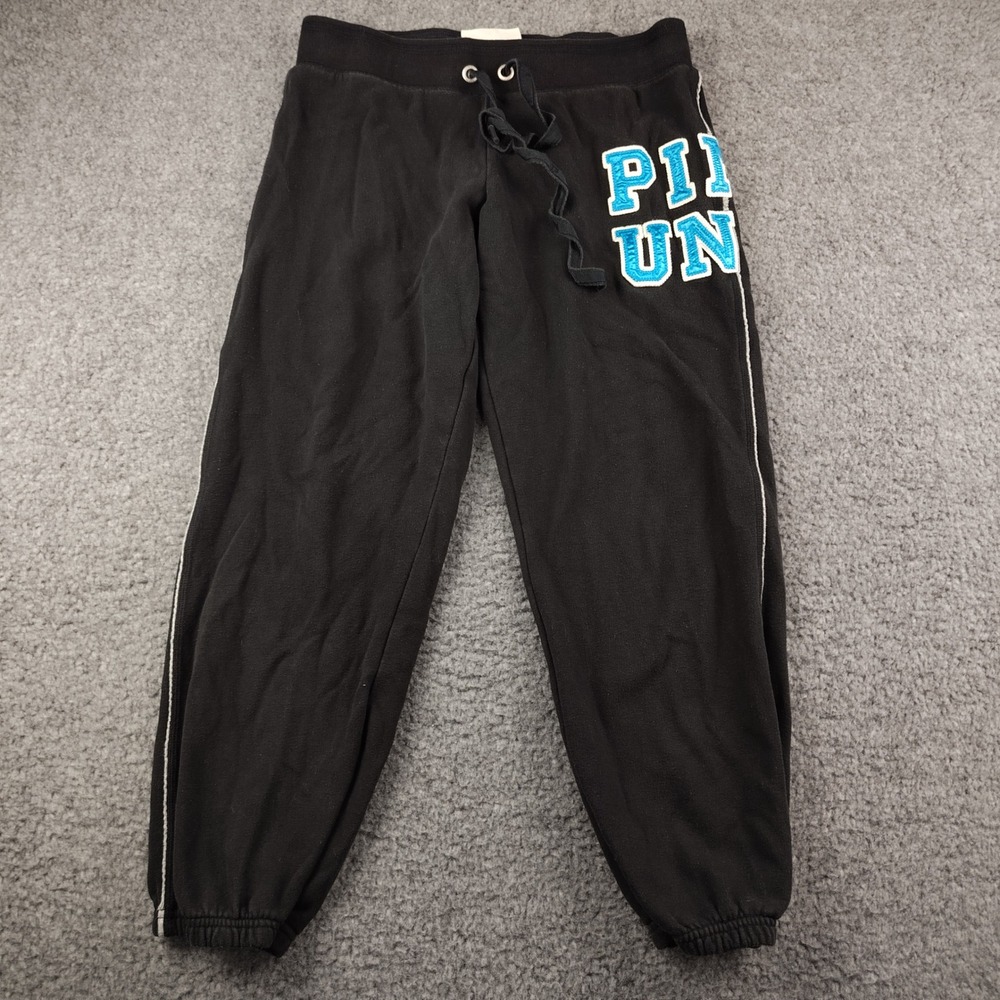 VTG Victorias Secret PINK University Black Sweatpants Embroidery Small Joggers